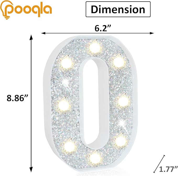 Pooqla Light Up Letters, LED Marquee Letters for Silver Birthday Decorations, Battery Powered Night Light Teenager Girl Room Decor, Gift for Girls Boys Wedding Bedroom Christmas Party Decor, Letter O