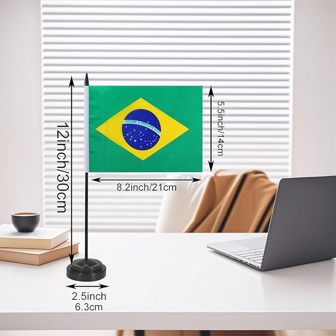 Brazil Desk Flag 12" Solid Pole Deluxe Set Brazilian Flags Banner Mini Small Brazil Office Table Flags with Black Stand Base Desktop Decorations(2Pack)