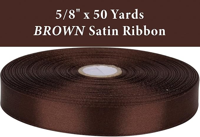 5/8" x 50 Yards Brown Satin Ribbon Single Faced Fabric Ribbons for Gift Wrapping, Crafting, Bows Making, Sewing, Wedding, Home Decor