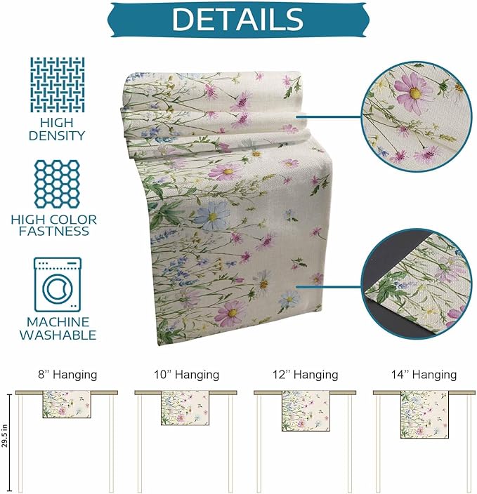 Vintage Wildflowers Cotton Linen Table Runner for Dining Kitchen, Wedding Outdoor Party Tablerunners Decoration, Farm Floral Pink Botanical Plants Dresser Scarf Coffee Tablecloth Runners 13x36 Inches