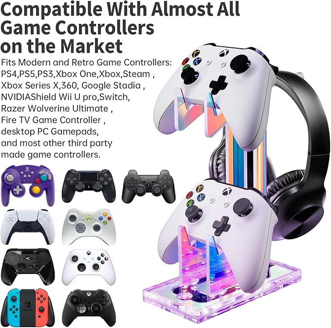 NiHome Iridescent LED Lighting Acrylic Multi-Tier Game Controller Holder & Headset Stand, USB-Powered 7 Colors & 3 Modes, Anti-Slip Gaming Accessories for Desktop, Cable Management (2 Tiers)