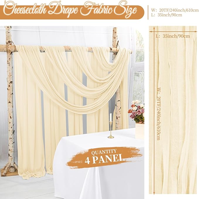 4 Panels Ivory Wedding Arch Draping Fabric Cheesecloth Fabric 35" x20FT Gauze Fabric Arch Drapes for Wedding Reception Sheer Backdrop Photo Background Household Curtain or Out Door Curtain