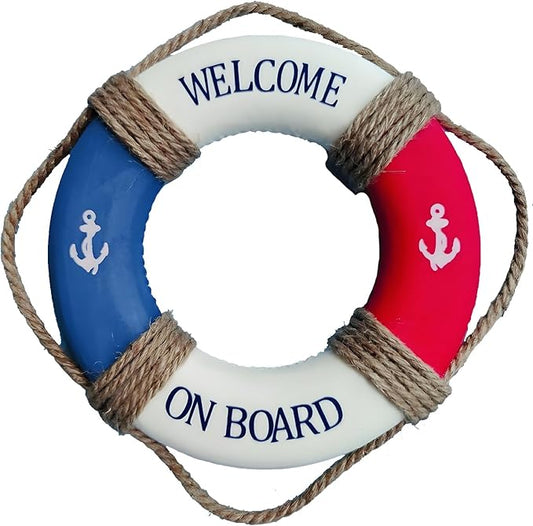 MorroMorn Lifebuoy Wall Hanging Decor - Welcome Aboard Mediterranean Style Home Decoration Hemp Rope (Red & Blue, 20")