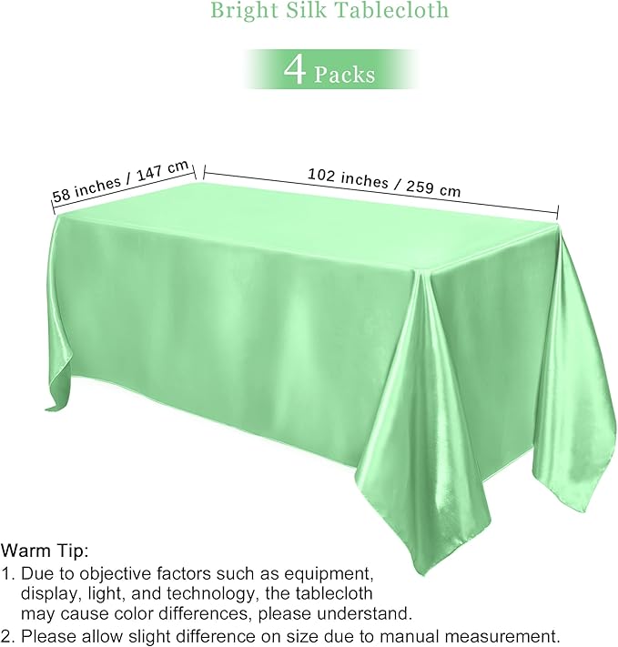 TURSTIN 4 Packs Pastel Rainbow Satin Tablecloth 102 x 58 Inch Overlay Satin Table Cover Rectangle Bright Silk Tablecloth Smooth Fabric Table Decoration for Wedding Banquet Party Events