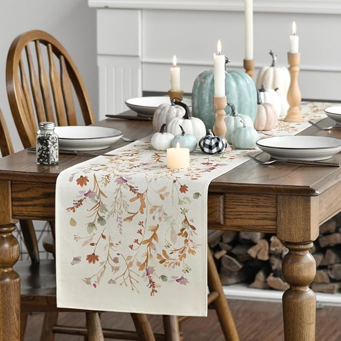 Artoid Mode Floral Leaves Fall Table Runner, Wild Flowers and Grasses Seasonal Autumn Kitchen Dining Table Decoration for Home Party Decor 13x36 Inch