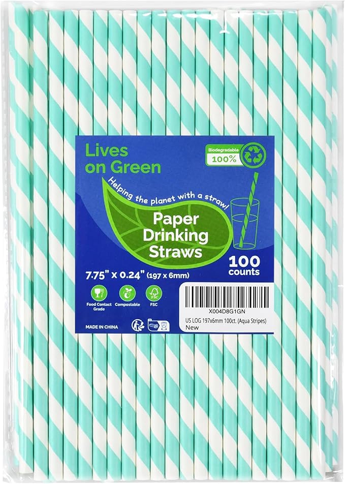 Light Blue 7.75 inch Disposable Paper Straws for Drinking, 100 Counts, Eco-friendly - for Baby Shower, Party, Decoration, Paper Crafts Sticks