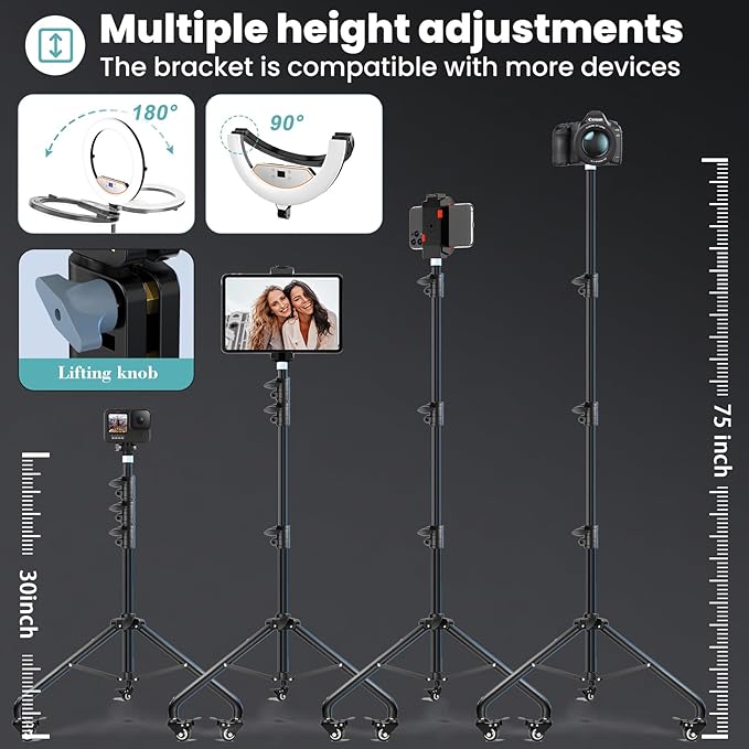 18" Foldable Ring Light with Stand for iPhone ipad Camera, 75" Tripod with Wheels 38W 6500K LED Display/Remote/2 USB Ports Large Big Ringlight Rolling for YouTube Facebook TikTok Live Video Recording