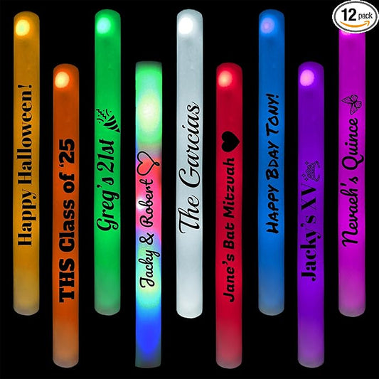 Pack of 12 Custom LED Party Foam Light Sticks Batons for Quinceaneras, Sweet 16, Bat Mitzvah, Parties, Birthdays, Guests, Party, Promotions 3 Color Lighting Modes Batteries 16"