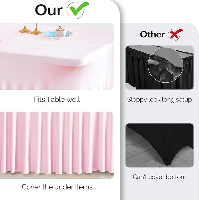 Wish Care 2 Pack Pink Spandex Table Clothes for 6 Foot Rectangle Tables, 6FT Wrinkle Free Fitted Tablecloths Ruffles Design Table Cover for Party, Banquet, Wedding and Events