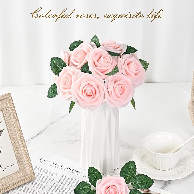 BLEUM CADE 36Pcs Artificial Flowers Fake Roses with Stems, Pink Boxed Foam Roses for DIY Bouquets Centerpieces Wedding Party Arrangement Bridal Shower Decor