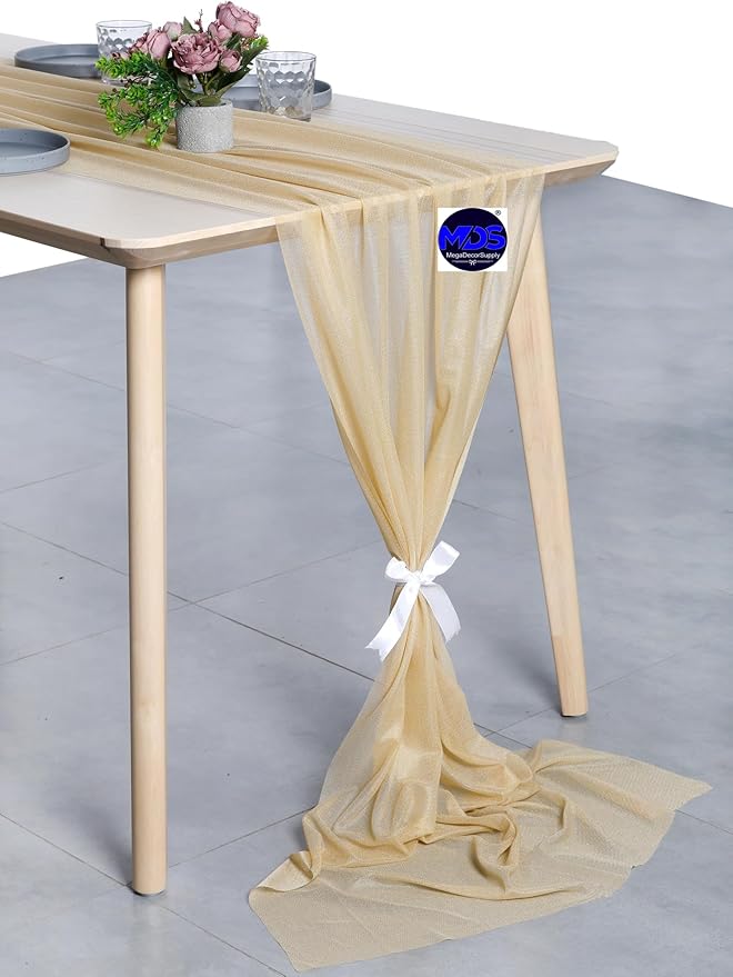 MDS Halloween Chiffon Table Runner - 10 Pack, 29 x 170 Inches, 14ft Each - Sheer Spooky Table Runners for Haunted House Parties, Trick-or-Treat Tables, Witchy Décor, Wedding & Events - Champagne Gold
