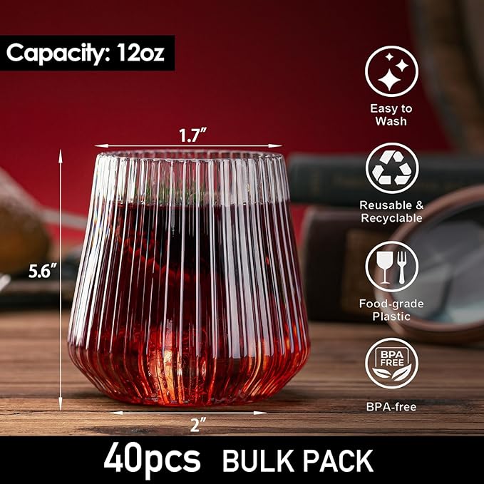 40 Pcs Disposable Stemless Wine Glasses, 12OZ Plastic Wine Cups, Origami Style Unbreakable Drinking Glasses, Bulk pack Acrylic Whiskey Cocktail Glasses, Shatterproof martini glasses
