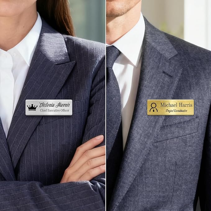 Metal Custom Name Tags – Personalized Engraved Name Badges with Pin, Magnetic or Adhesive Backing, 1×3 Inch ID Badge(Silver)