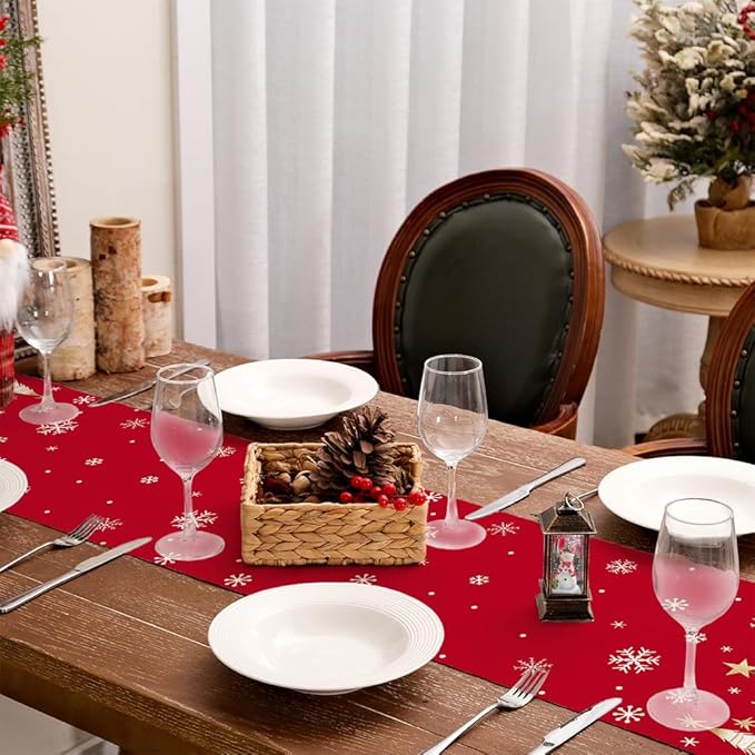 GEEORY Christmas Table Runner 13x90 Inch, Xmas Trees Snowflakes Holiday Decorative Farmhouse Table Decoration for Kitchen Dinning, Indoor Outdoor Dinner Party Decor (Red) GT150-90