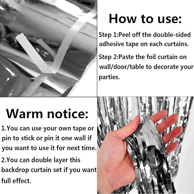 4 Pack Silver Foil Fringe Curtain Backdrop, 3.28Ft x 8.2Ft Metallic Tinsel Foil Fringe Streamer Curtains for Photo Booth Props, Birthday, Wedding, New Year’s, Christmas Decoration Party Supplies