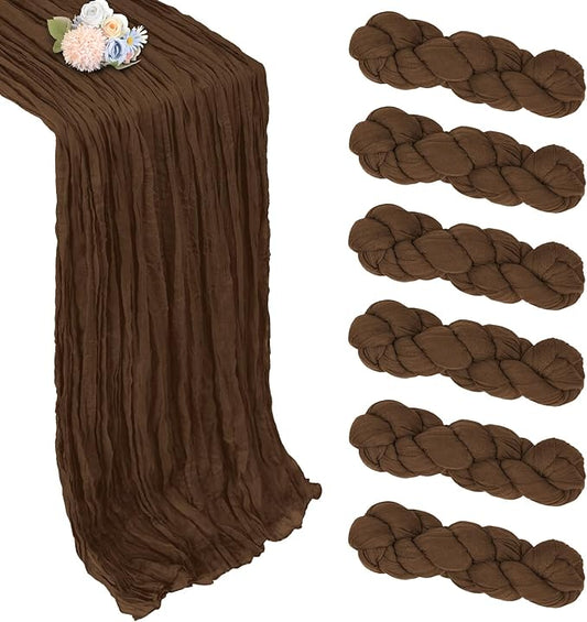 6 Pack Brown Cheesecloth Fall Table Runner 10ft Boho Gauze Fabric Cheese Cloth Table Runner 35 x 120 Inch Rustic Sheer Runner for Thanksgiving Wedding Decor Baby Shower Party Centerpiece Decoration