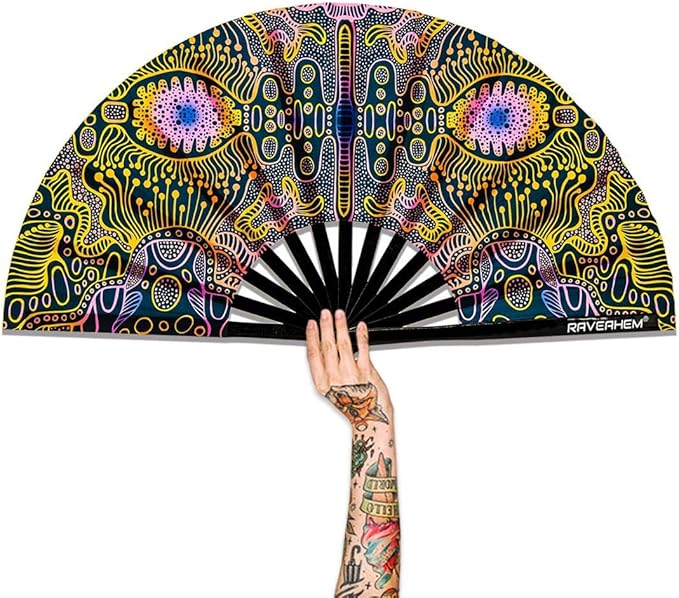 UV Glow Rave Fan, Bamboo Folding Clack Hand Fans Foldable for Men Women, Boots on the Ground Poping Fan for EDM Festival Line Dance Decoration, (Space Psychedelic, Medium 11")