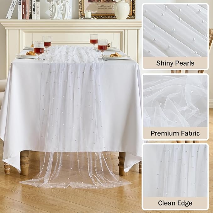 Fanami 3 Pack Pearl Table Runner -10FT Ivory White Boho Tulle Table Runners 120 Inches Long Rustic Sheer Lace Fabric Centerpieces for Wedding Arch Birthday Party Bridal Veil Baby Shower Decorations