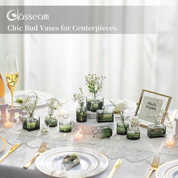 Glasseam Bud Flower Vases in Bulk: 40 Glass Cute Small Vases for Centerpieces Vintage Mini Wedding Birthday Party Table Centerpieces Tiny Baby Shower Dining Room Decoration Green