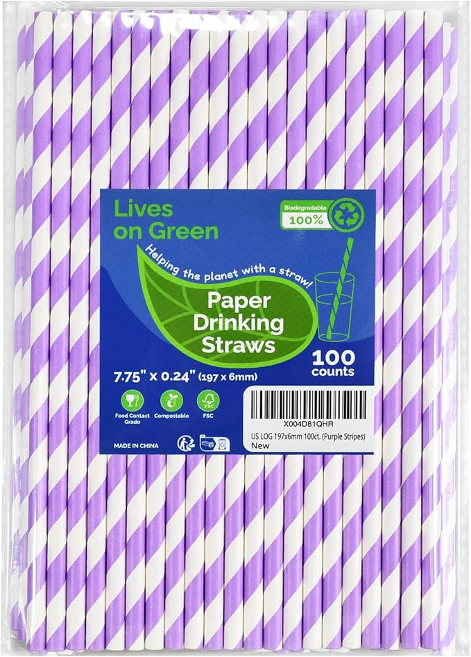 Disposable Purple Striped Party Paper Drinking Straws 100 Counts 7.75'' x 0.24'', Unwrapped, for Cocktail, Coffee, Water