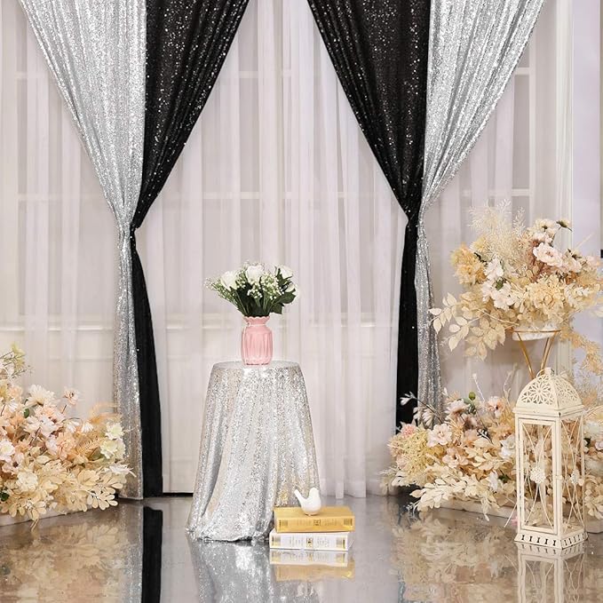 Poise3EHome 2Pcs 3Ft x 8Ft Black Sequin Backdrop Curtain, Glitter Photography Background, Sequence Xmas Thanksgiving Backdrop for Wedding Party Holiday Festival Decor