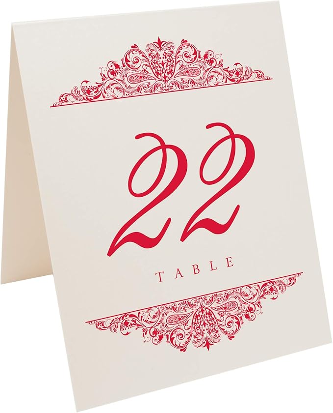 Paisley Wedding Table Numbers (Select Color/Quantity), Champagne, Ruby Red, 1-25, Double Sided, Tent or Use in a Stand, Great for Parties & Restaurants - Made in the USA