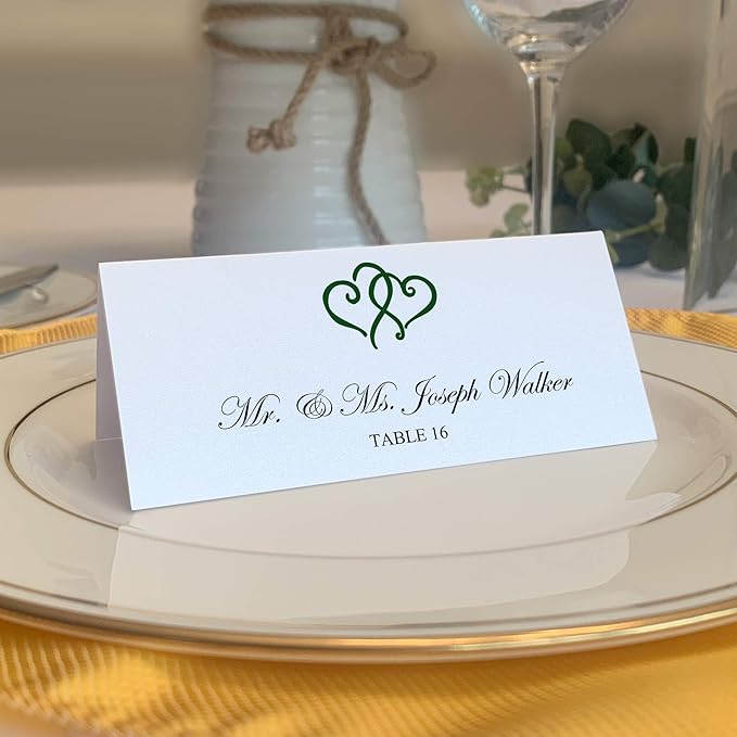 Linked Hearts Printable Place Cards, Hunter Green (Choose Color), Set of 60 (10 Sheets), Laser & Inkjet Printers - Wedding, Party, Dinner, and Special Events - Made in the USA