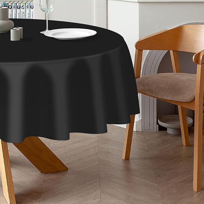 QIKSION Black Round Tablecloth 2 Pack, 84 Inch Plastic Table Cover Disposable for Parties