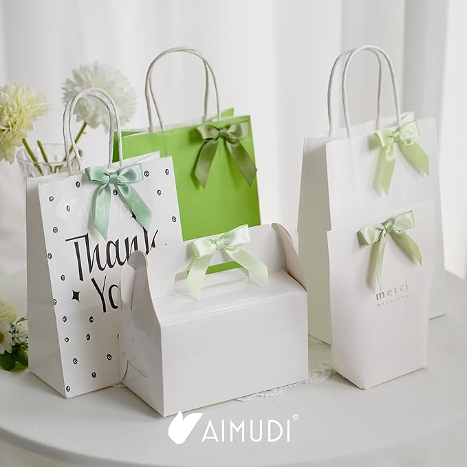 AIMUDI 5 Colors Sage Green Ribbon Bows 2.5" Satin Twist Tie Bows for Gift Wrapping Premade Satin Bow for Making Crafts Treat Bag Baby Shower Birthday Party Wedding Decoration, 50 PCs