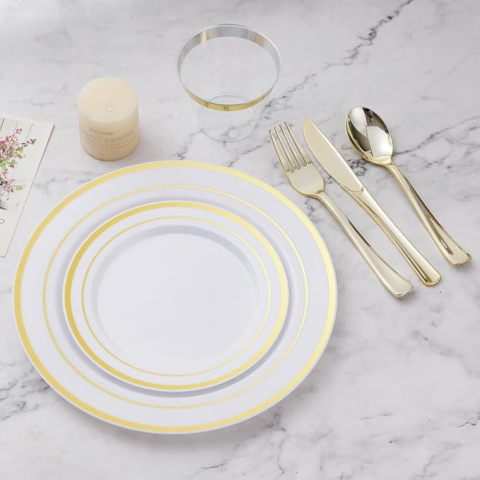 BESTVIP 300PCS Plastic Dinnerware Set (50 Guests), Gold Disposable Plates for Party, Wedding, Christmas, Anniversary, Includes: Dinner Plates, Dessert Plates, Cups, Spoons, Forks and Knives