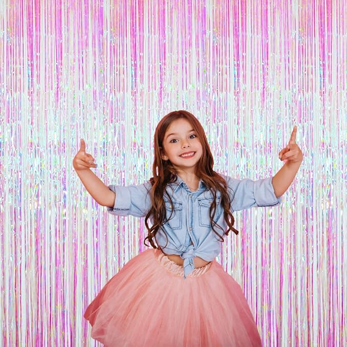 GOER 3.2 ft x 9.8 ft Metallic Tinsel Foil Fringe Curtains Party Photo Backdrop Party Streamers for Birthday,Graduation,New Year Eve Decorations Wedding Decor (Iridescent,1 Pack)
