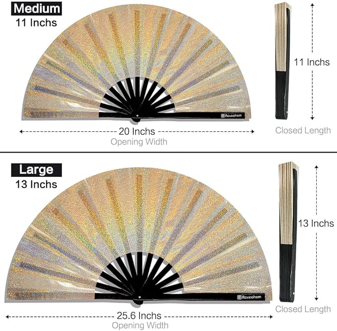 Large Rave Fan, Clack Folding Hand Fan with Premium Fabric, Thick Bamboo Frame for Men Women Gift for EDM, Festival, Club, Party, Dance, Decoration (Lridescent Beige, 13")