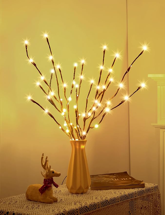 Lighted Branches for Vases Plug in - 6 Pack 24Inch 60 LED Christmas DIY Twig Pathway Lights, Artificial Tree Bendable Xmas Fairy Lights with Stakes for Outdoor Indoor Party Decoration, Warm White