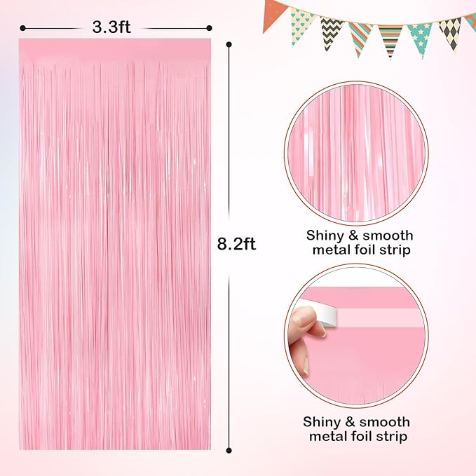Pastel Pink Metallic Tinsel Foil Fringe Curtains, 2 Pack 3.3x8.3 Feet Streamer Backdrop Curtains for Birthday Party Decorations, Halloween Decor, Foil Curtain Backdrop for Bachelorette Party