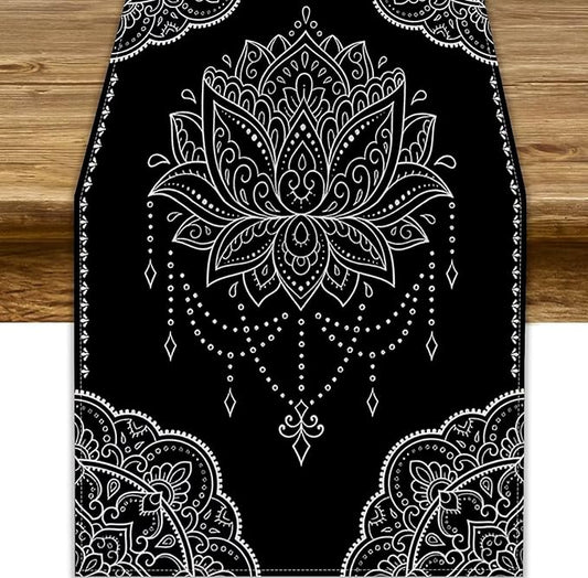 Lotus Flower Table Runner, Bohemian Ethnic Oriental Mandala Black White Floral Print Table Runner for Home Kitchen Dining Indoor Outdoor Dinner Party Decor, 13x70inch