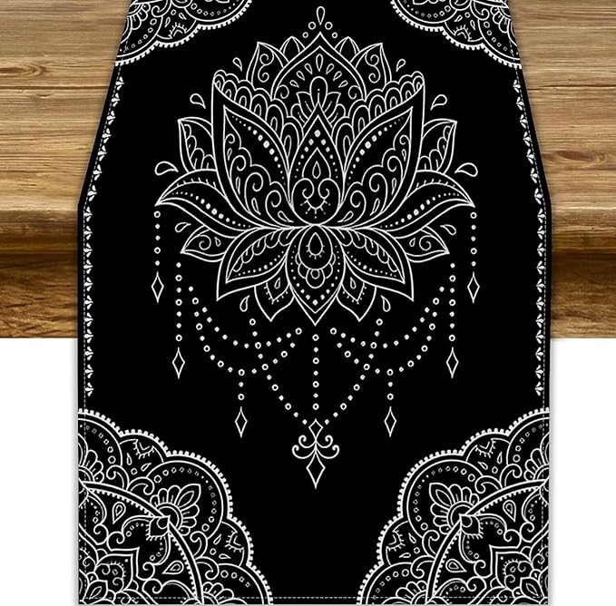 Lotus Flower Table Runner, Bohemian Ethnic Oriental Mandala Black White Floral Print Table Runner for Home Kitchen Dining Indoor Outdoor Dinner Party Decor, 13x36inch