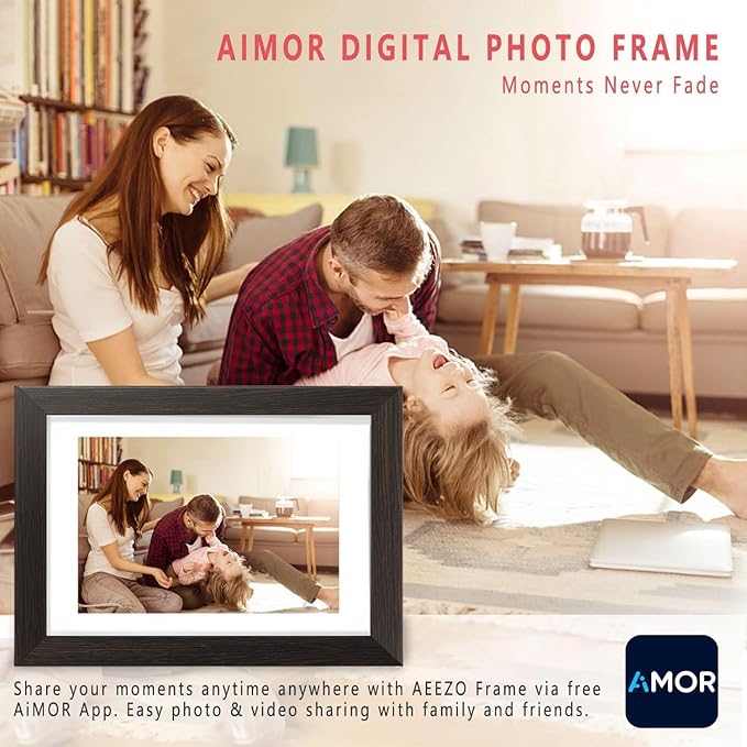 AEEZO Digital Picture Frame 10.1 Inch 1280x800 IPS Touch Screen WiFi Smart Digital Photo Frame with 16GB Storage, Auto-Rotate Easy Setup to Share Photos or Videos via AiMOR APP, Wall Mountable White