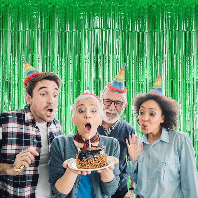 BTSD-home Green Foil Fringe Curtain, Metallic Photo Booth Backdrop Tinsel Door Curtains for St Patricks Day Birthday Bridal Baby Shower Bachelorette Christmas Party Decorations(4 Pack, 8ft x 3ft)