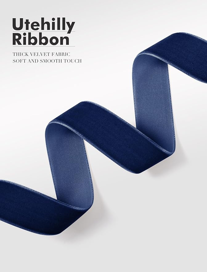 Navy Blue Christmas Velvet Ribbon for Tree, Gift Wrapping, Flower Bouquet, Wreath Decorations, Bow Making 1'', 25 Yards