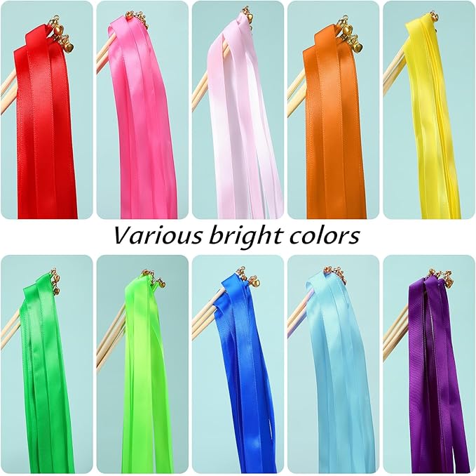 100Pcs Multi-Color Ribbon with Gold Bell, Fairy Wands Chromatic Silk Wish Wand Streamers Sticks for Wedding Send Off, Bridal Shower Party Photo Props, Birthday, Pride Parade Decorations