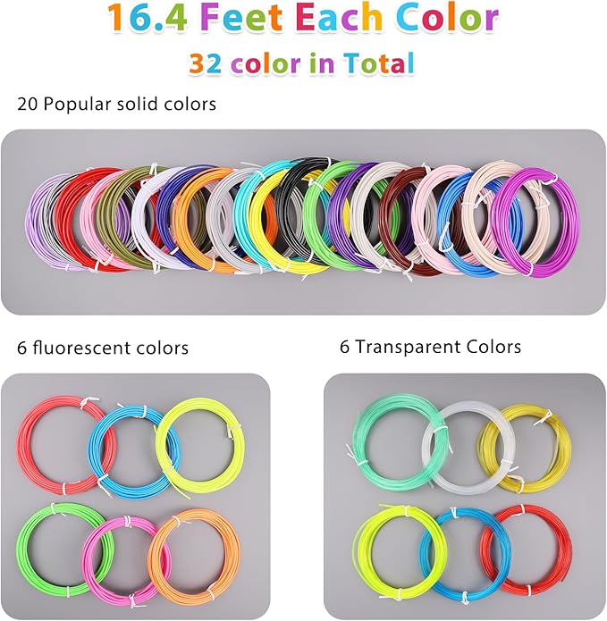 FIROS PLA 3D Pen Filament Refills Pack, 32 Colors 3D Pen PLA Filament, Each Color 16.4 ft,3D Printing Pen PLA Filament, Compatible with SCRIB3D MYNT3D 3D Pen, Not Suitable for 3Doodler