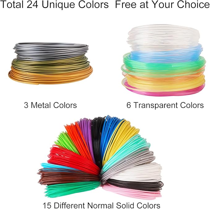 3D Pen 3D Printer Filament, 24 Colors 1.75mm PLA Filament Pack, High-Precision Diameter Filament, Each Color 10 Feet, Total 240 Feet Lengths by Mika3d