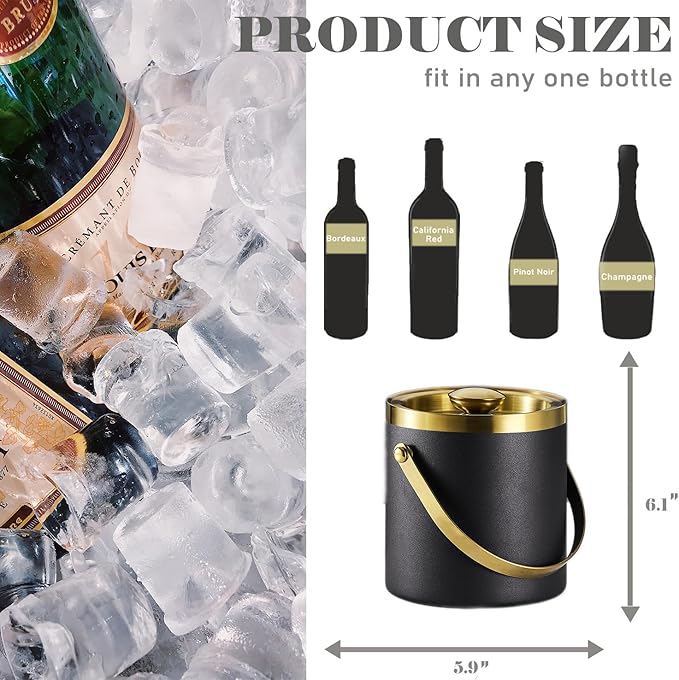 Ice Bucket with Lid, Handle and Tong Black Gold Insulated Stainless Steel Champagne Bucket 2L Wine Bucket for Party Bar Cart Accessories Large Double Wall Bucket Keep Frozen