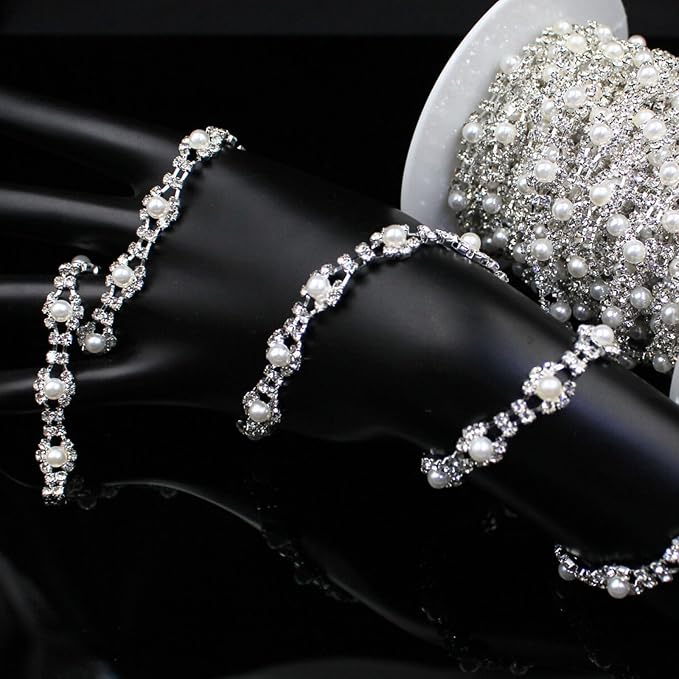 2 Yard Pearl Trim Chain Rhinestone Silver String Crystal Applique Fringe Ribbon Strips Beads Sewing Dress DIY Party Wedding Bouquet for Decoration Bridal Costume Embellishment