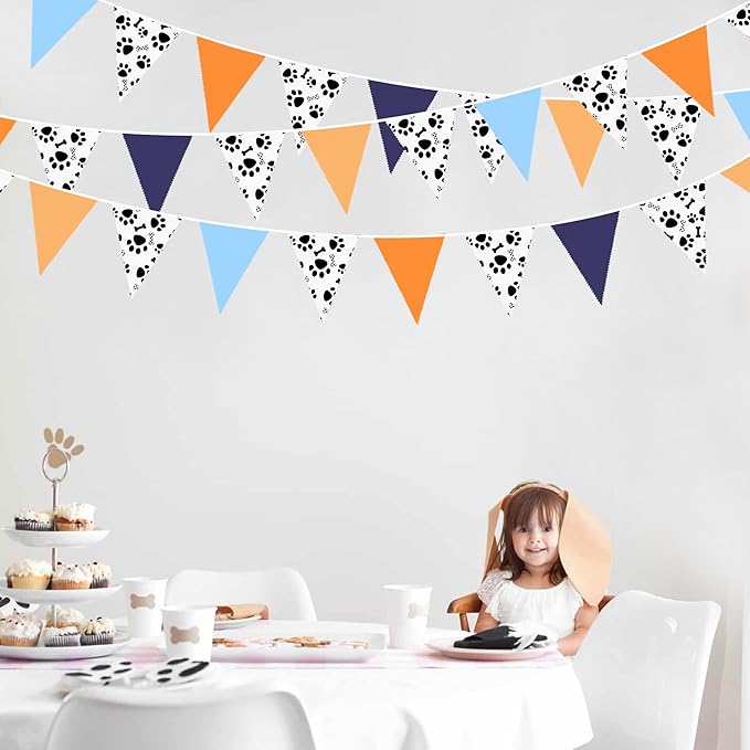 32Ft Orange Blue Dog Paw Party Decorations Puppy Paw Print Fabric Banner Triangle Pennant Flag Garland Streamers for Kids Boys Blue Dog Birthday Baby Shower Party Outdoor Garden Decor Supplies