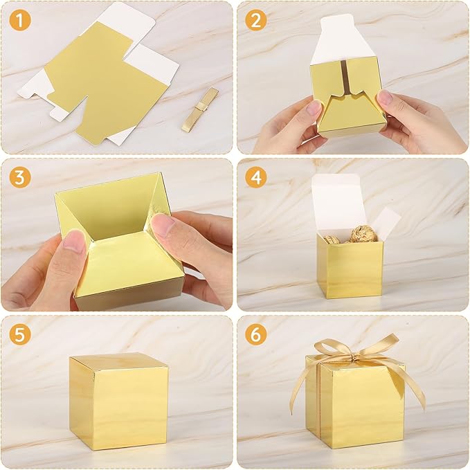 EUSOAR Small Gift Boxes with Lids, 30pcs 3x3x3 Inches Gold Boxes Small Treat Box with Ribbons, Cube Candy Box Mini Muffins Macaron Container for Wedding Birthday Party Advent Calendar DIY Supplies