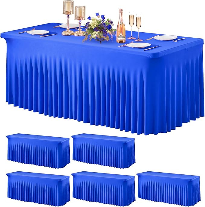 Wish Care 6 Pack Royal Blue Spandex Table Clothes for 8 Foot Rectangle Tables, 8FT Wrinkle Free Fitted Tablecloths Ruffles Design Table Cloth for Party, Banquet, Wedding and Events