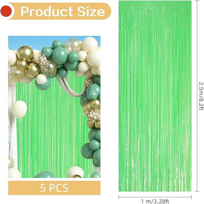 5 Pack Green Foil Curtain Backdrop 3.2ft x 8.2ft Tinsel Foil Fringe Curtains Macaron Photo Booth Streamer Backdrop for Party Decorations Birthday Baby Shower Bachelorette Holiday Decor (Pastel Green)