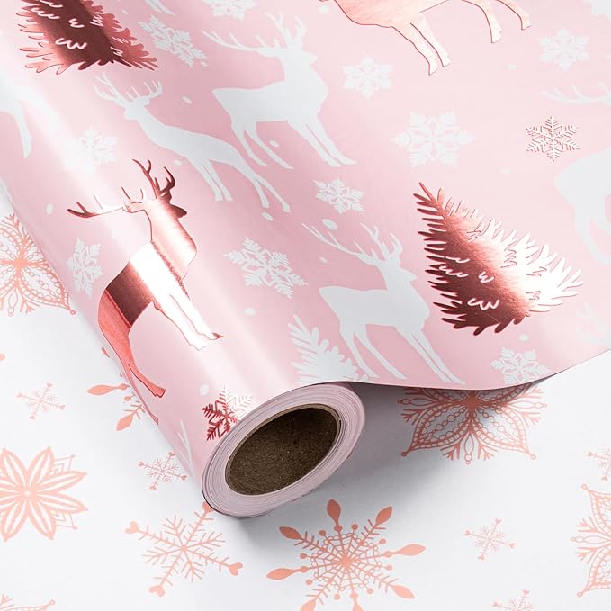 LeZakaa Christmas Pink Wrapping Paper Jumbo Roll, Reindeer & Snowflake, Metallic Foil, Rose Gold Foil Reversible Design for Festive Winter Holiday, Family Gathering, 30 inches x 32.8 Feet