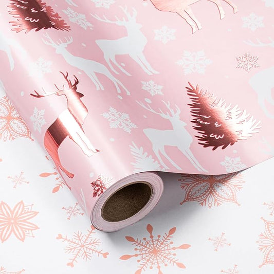 LeZakaa Christmas Pink Wrapping Paper Jumbo Roll, Reindeer & Snowflake, Metallic Foil, Rose Gold Foil Reversible Design for Festive Winter Holiday, Family Gathering, 30 inches x 32.8 Feet